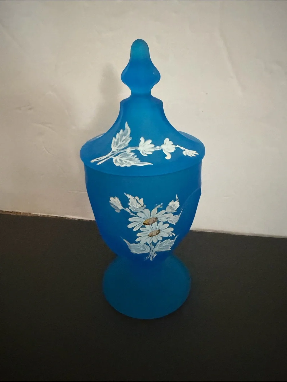 Blue Frosted Glass Apothecary Jar Lidded Hand-Painted White Daisies WESTMORELAND